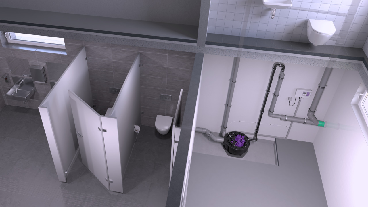 Installation illustration of Aqualift M for free-standing installation. Installation illustration of Aqualift M for free-standing installation.