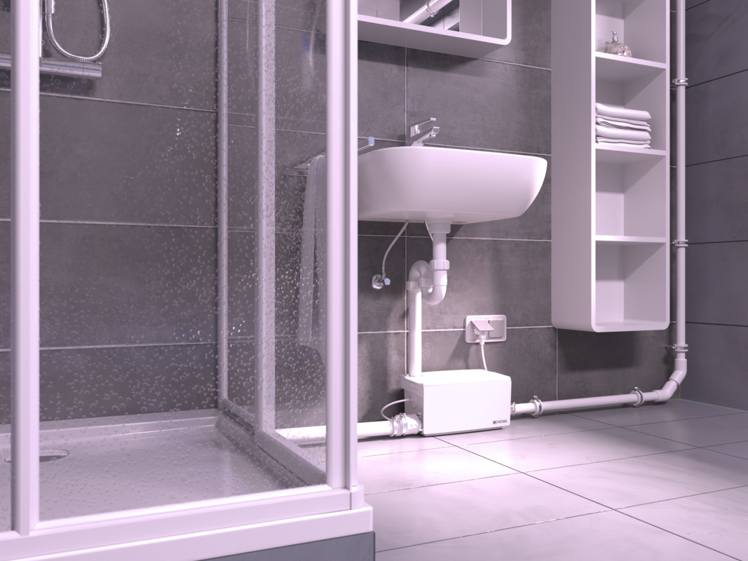 Installation guide for the Minilift S: second view Minilift S small lift retrofitted in a bathroom in the basement.