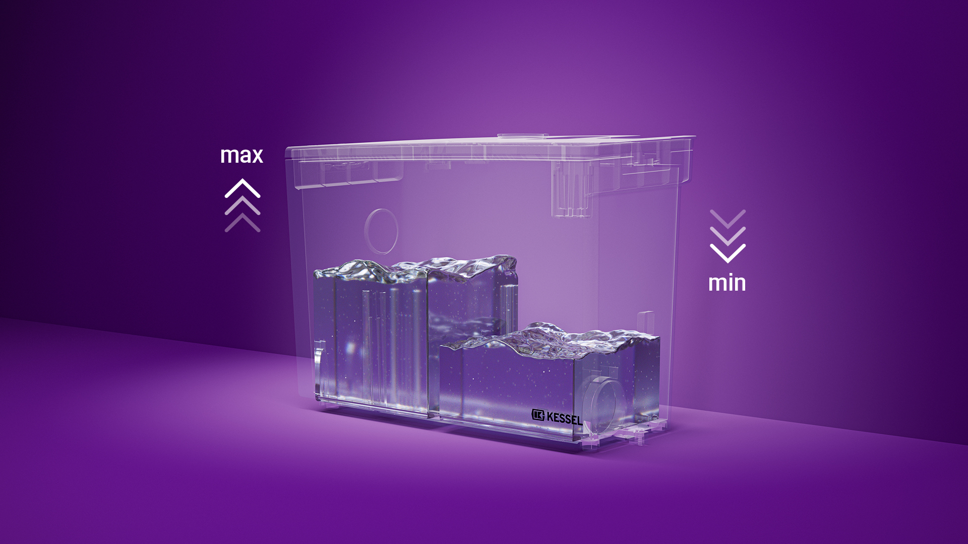 Adjustable pumping volume Illustration of a Minilift tank, with the fill level high on one side and low on the other.