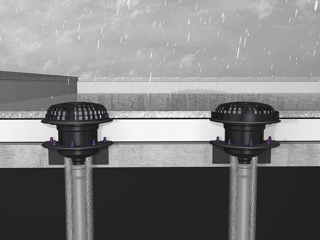 Installation diagram for the Ecoguss roof drain for flat roof surfaces with a double waterproofing layer and a retainer ring on the right Installation diagram for the Ecoguss roof drain for flat roof surfaces with a double waterproofing layer and a retainer ring on the right