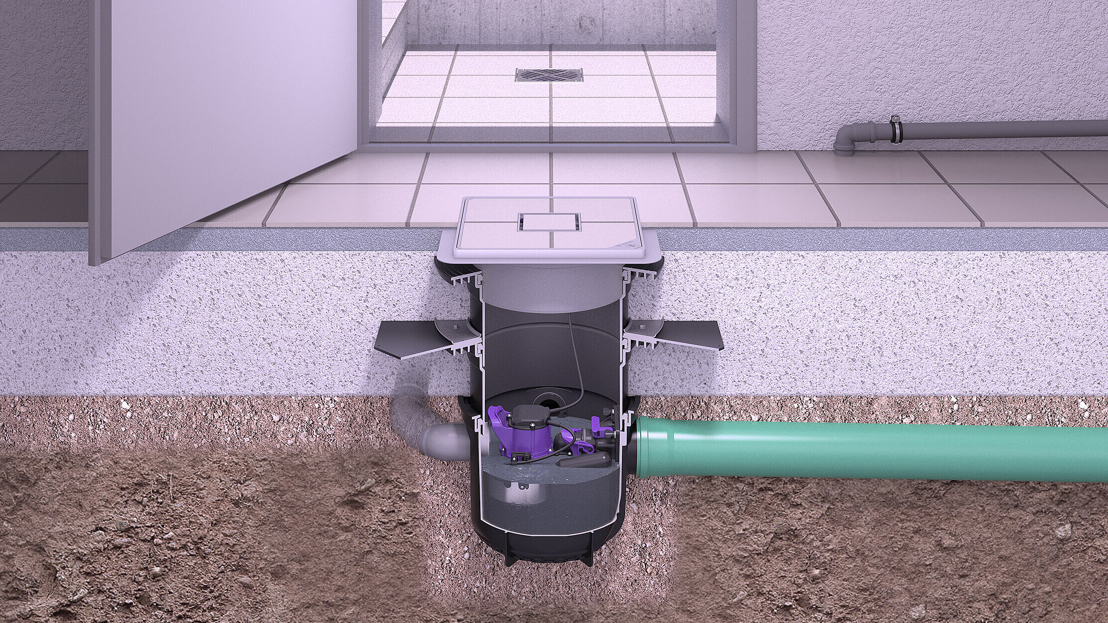 Installation diagram for the Pumpfix S Underfloor basement drain with inlets from other drainage points Installation diagram for the Pumpfix S Underfloor basement drain with inlets from other drainage points