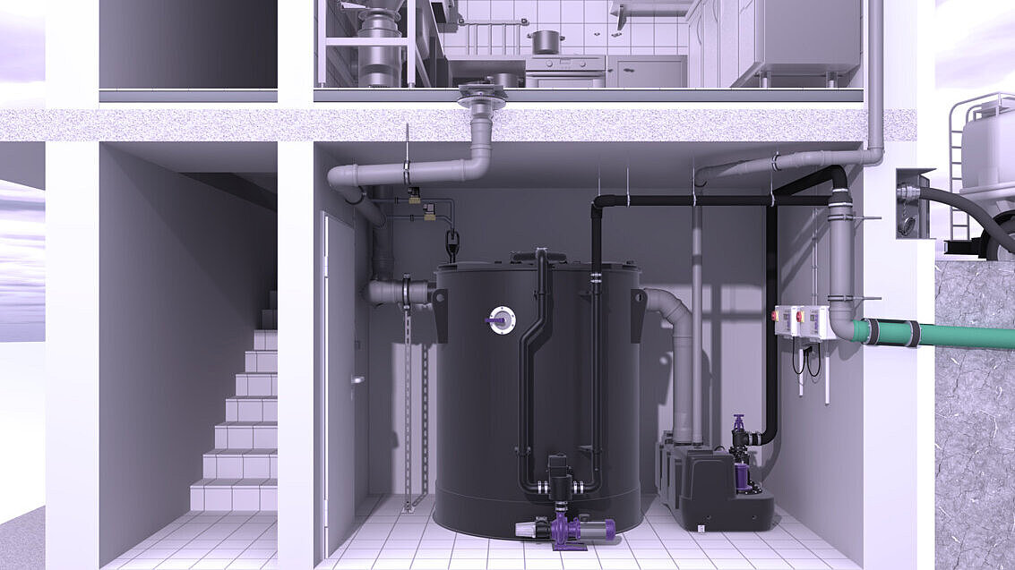 Installation diagram of EasyClean free round grease separator Installation diagram of EasyClean free round grease separator