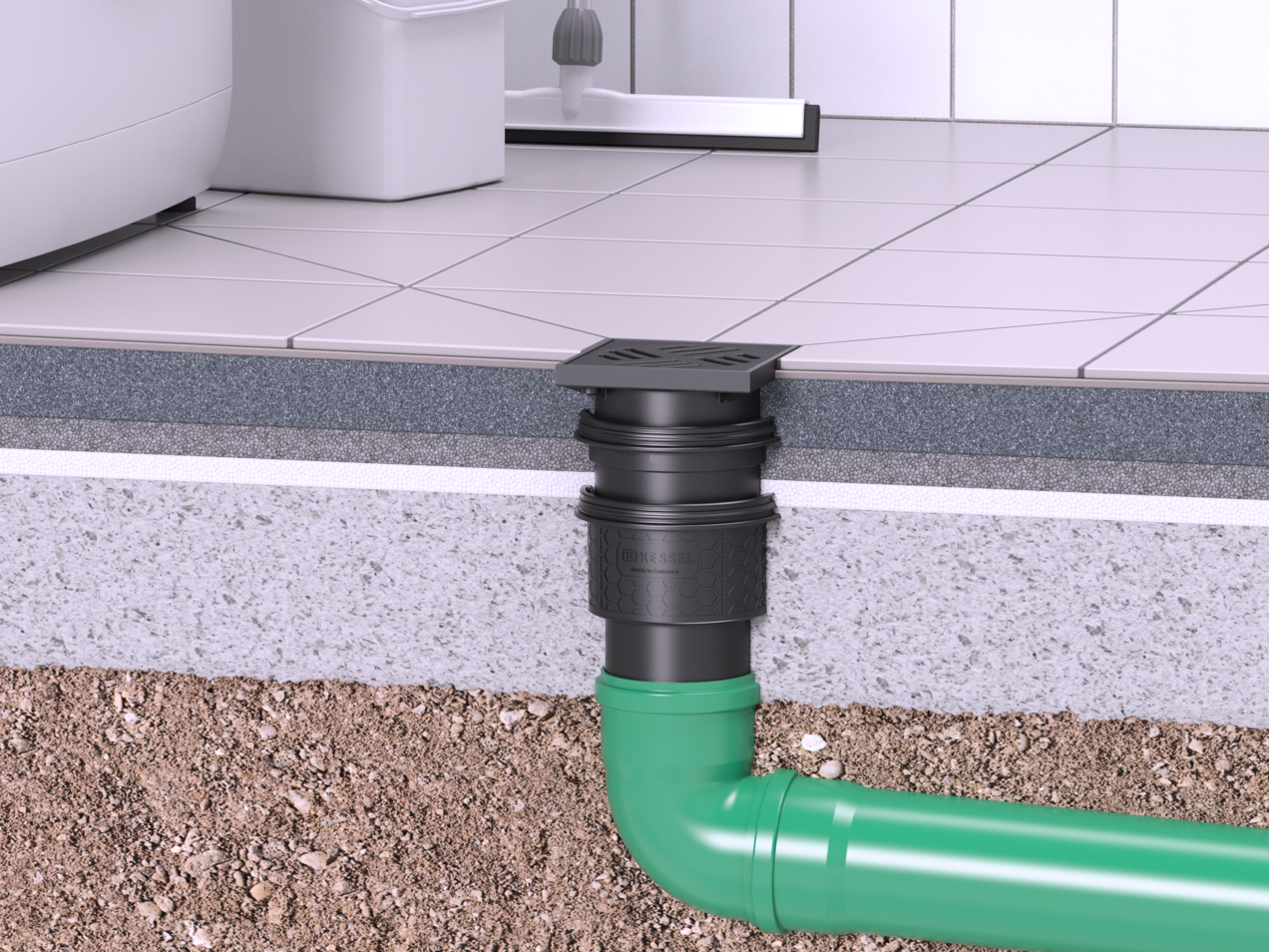 Practicus basement drain for floor slab installation, with a vertical outlet Practicus basement drain for floor slab installation, with a vertical outlet
