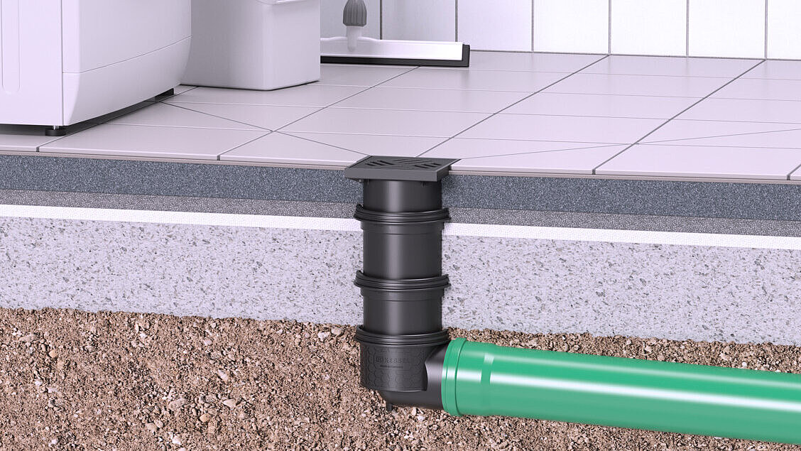 basement drain A basement drain that runs through the concrete floor and discharges into the ground.