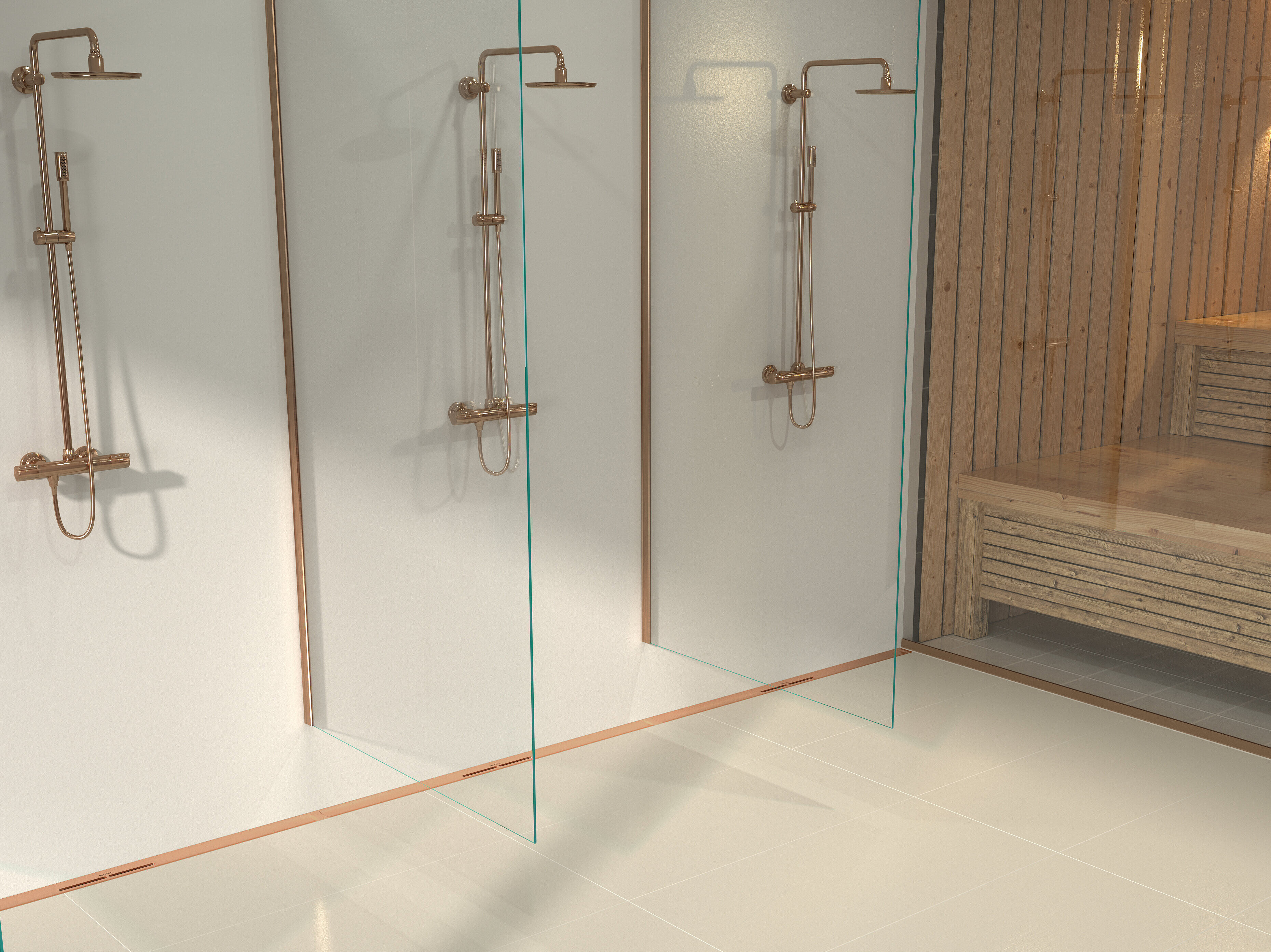 Installation diagram for the Linearis Infinity shower channel, brushed bronze surface, in a wellness area Installation diagram for the Linearis Infinity shower channel, brushed bronze surface, in a wellness area