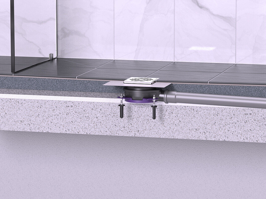 Installation diagram for the Ultraflat bathroom drain with a slotted cover and no Lock & Lift locking system Installation diagram for the Ultraflat bathroom drain with a slotted cover and no Lock & Lift locking system