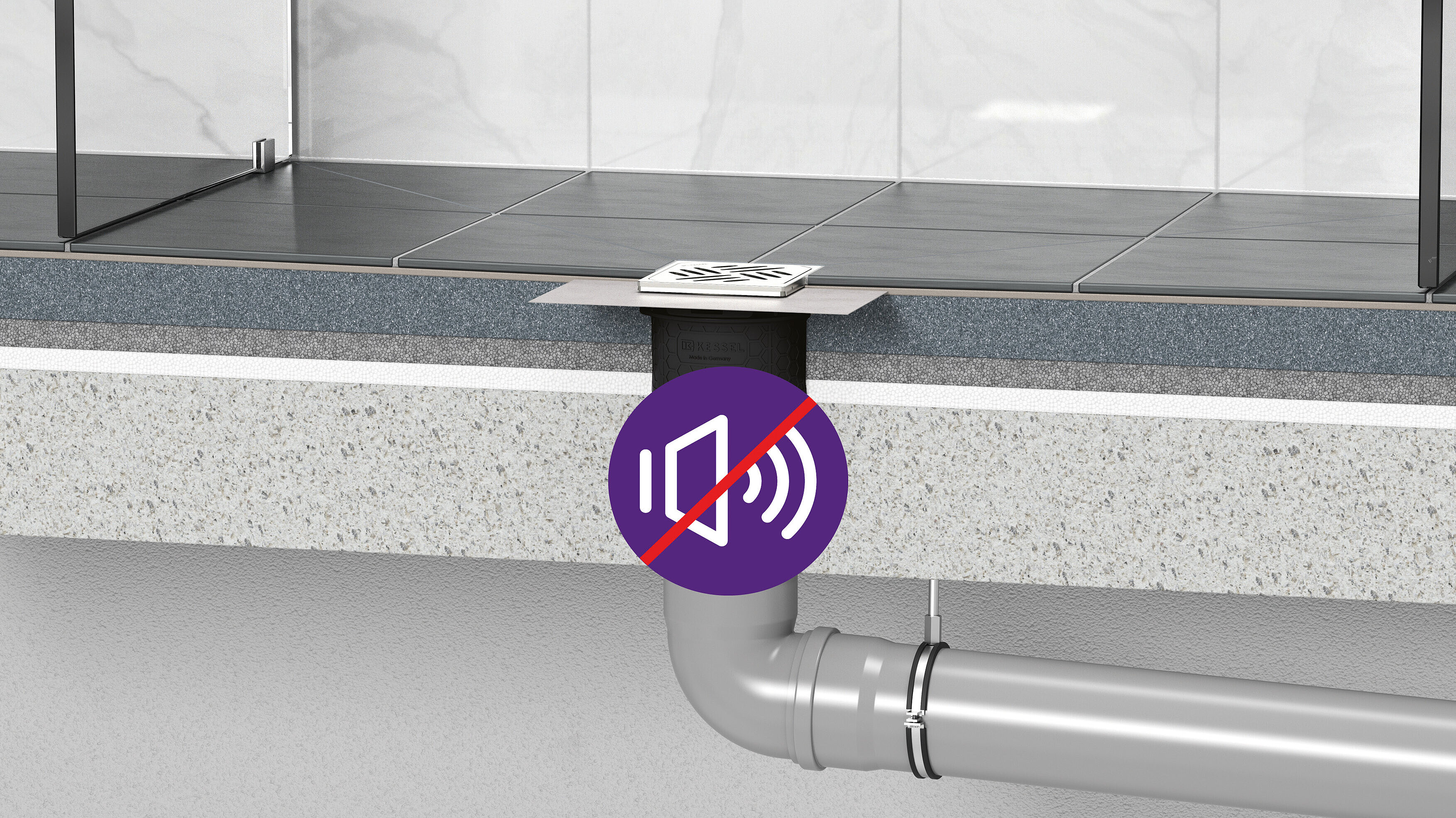 Practicus floor drain with excellent sound insulation properties Practicus floor drain with excellent sound insulation properties