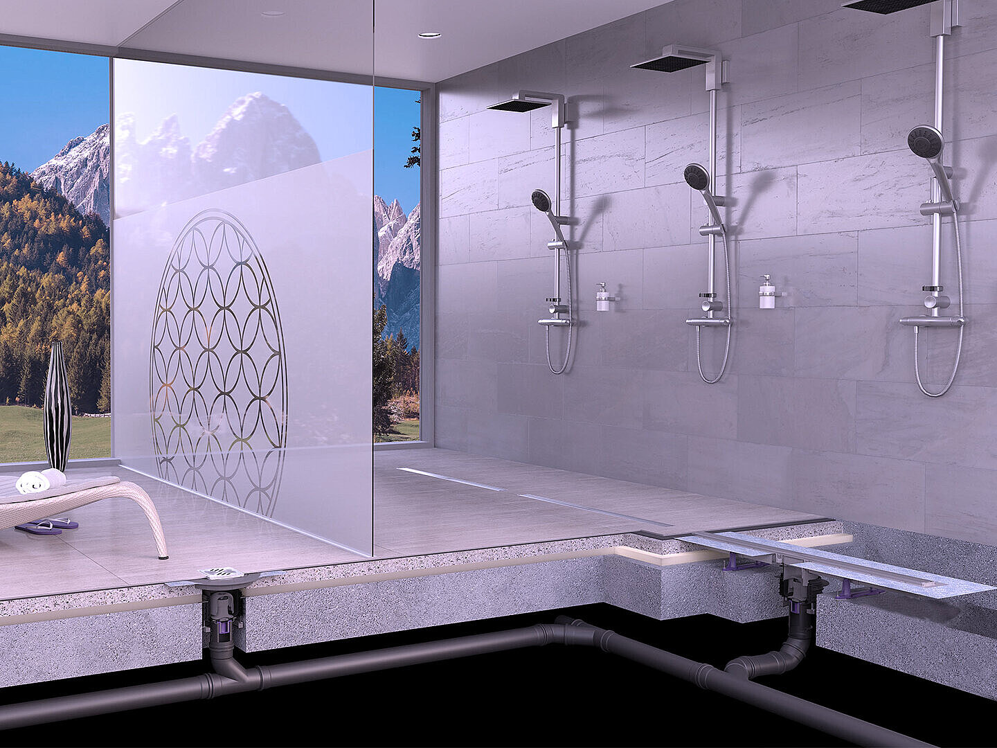 Installation diagram for the Linearis Comfort shower channel in a wellness area Installation diagram for the Linearis Comfort shower channel in a wellness area