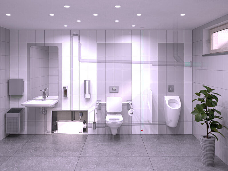 Installation diagram for the Minilift L WC Duo Duo A bathroom in the basement with a washbasin, urinal and toilet, which are drained via a small lifting station installed behind the wall.