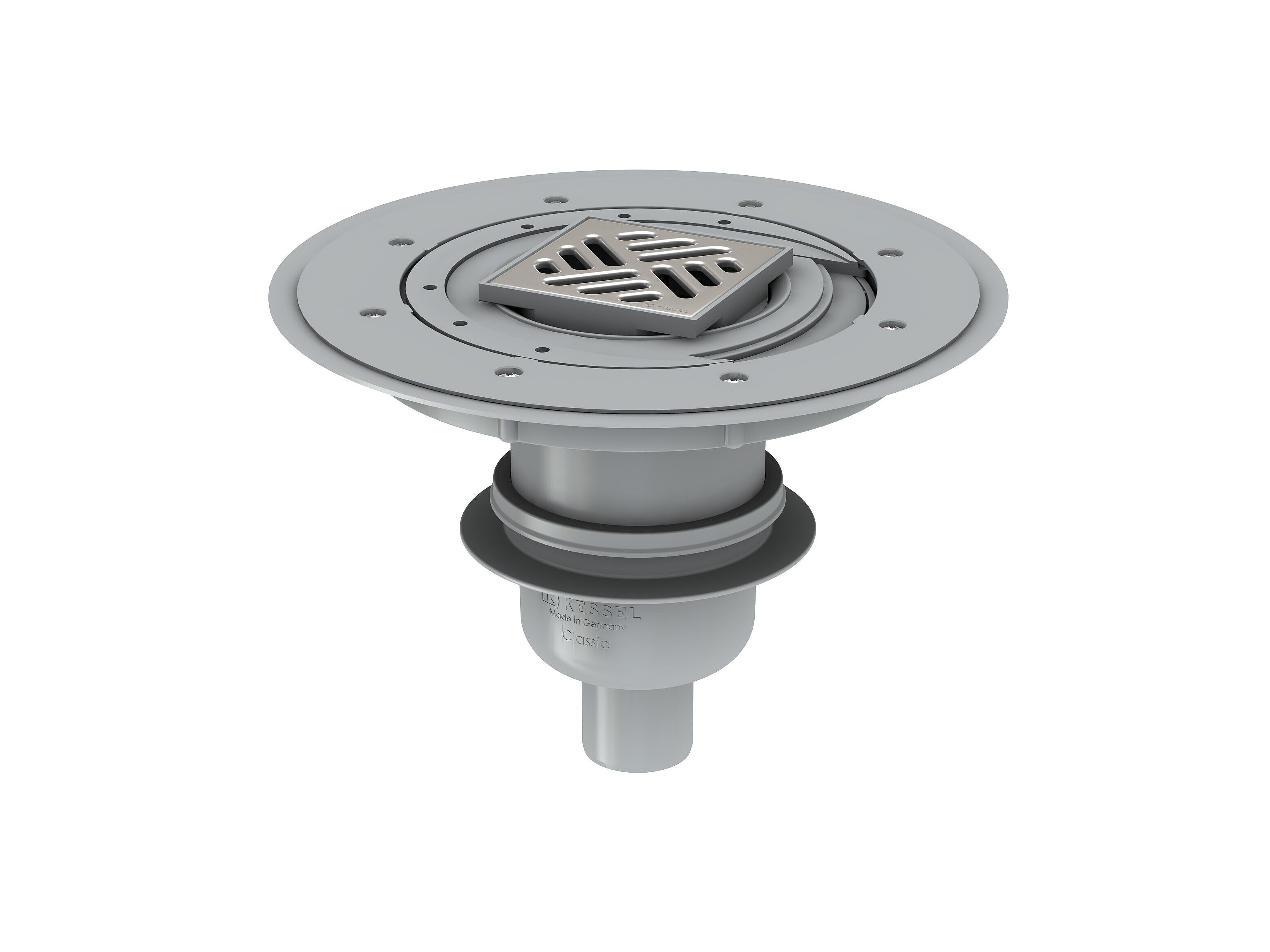 Installation diagram for the Classic vertical bathroom drain with a Variofix upper section for combined waterproofing and a slotted cover Installation diagram for the Classic vertical bathroom drain with a Variofix upper section for combined waterproofing and a slotted cover